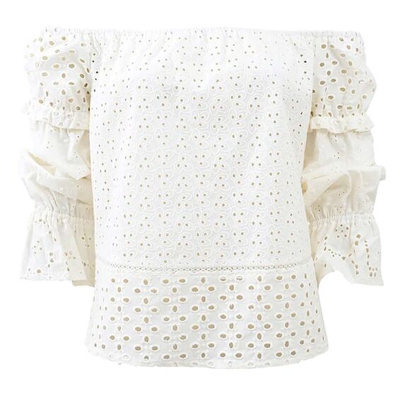 EUC Nicole Miller Atelier Off the Shoulder Eyelet Peasant Top White Sz. S - Picture 1 of 7